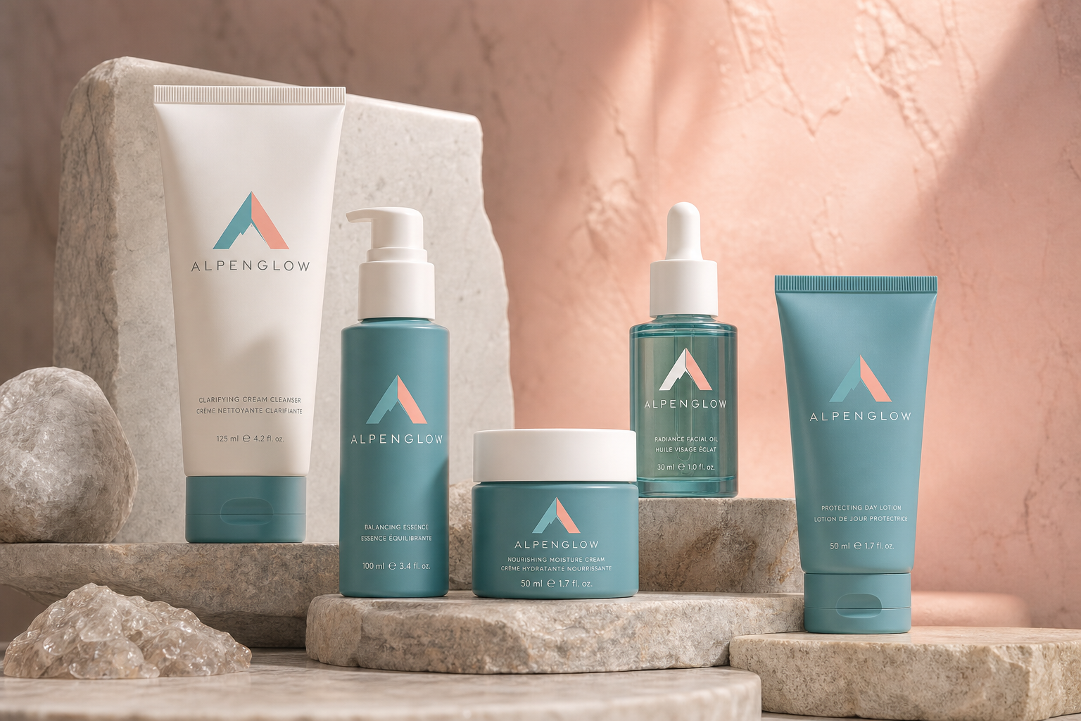 Alpenglow Skincare Launch — Complete product and vessel family.