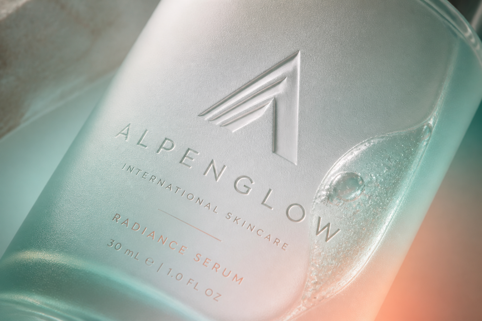 Alpenglow Skincare Launch — Frosted-glass and label detail.