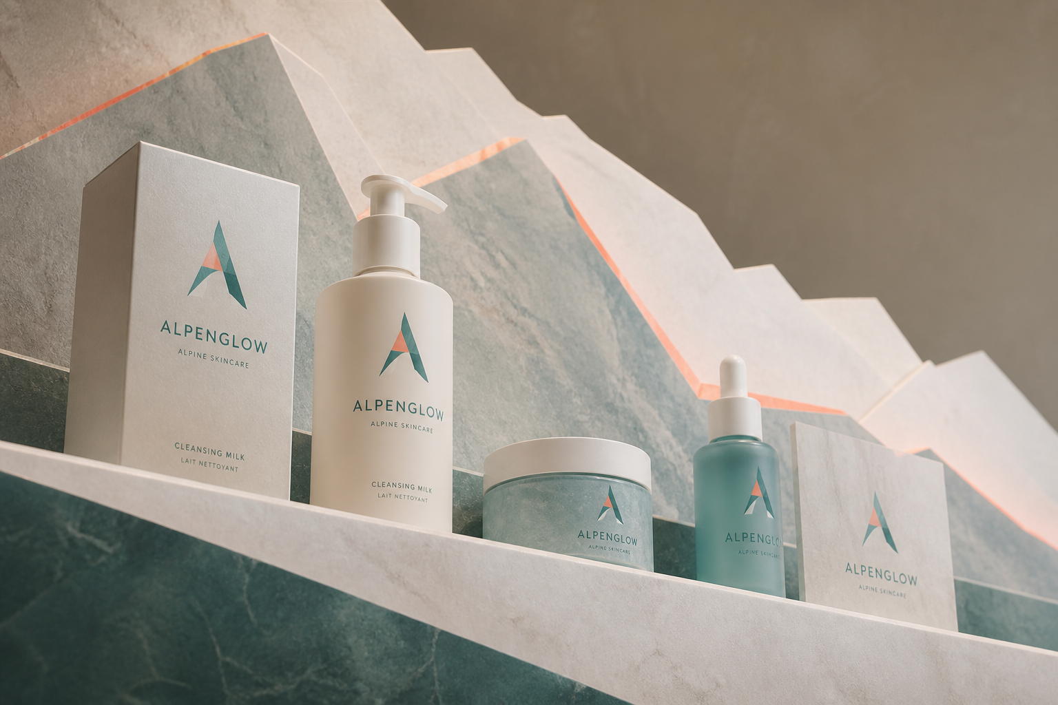 Alpenglow Skincare Launch — Luxury retail shelf system.