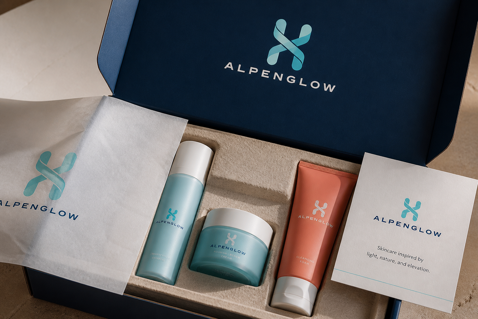 Alpenglow Skincare Launch — Premium mailer-box presentation.