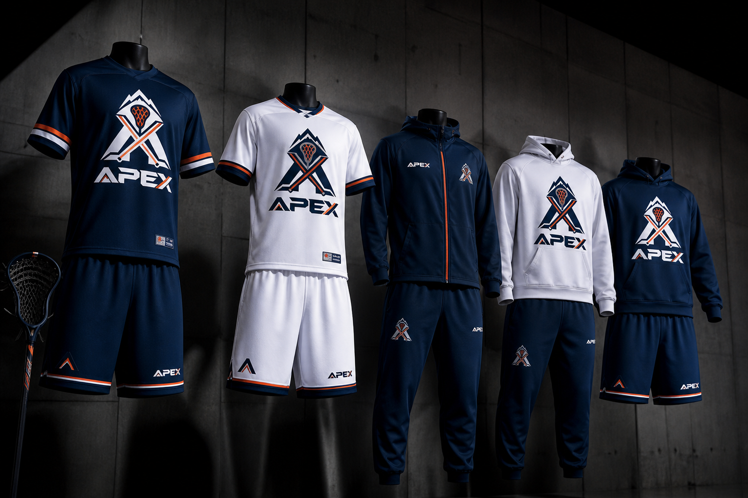 APEX Lacrosse Club — Home, away and warm-up kit family.