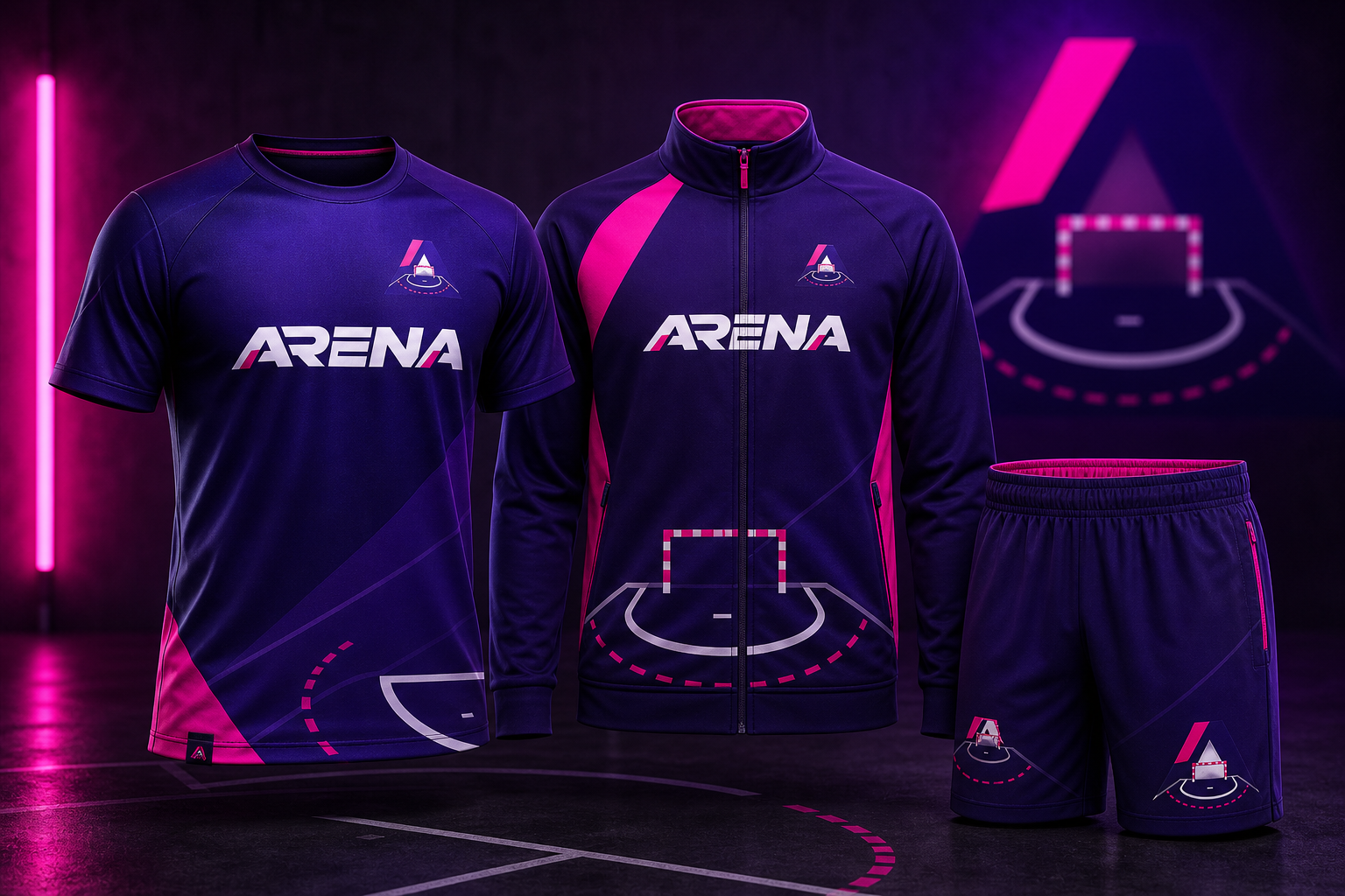 Arena Handball Campaign — Warm-up apparel and court-line graphic system.