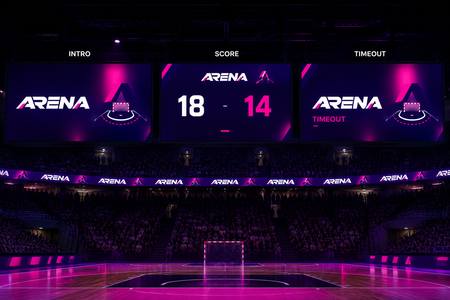 Arena Handball Campaign — In-arena intro, score and timeout screen graphics.