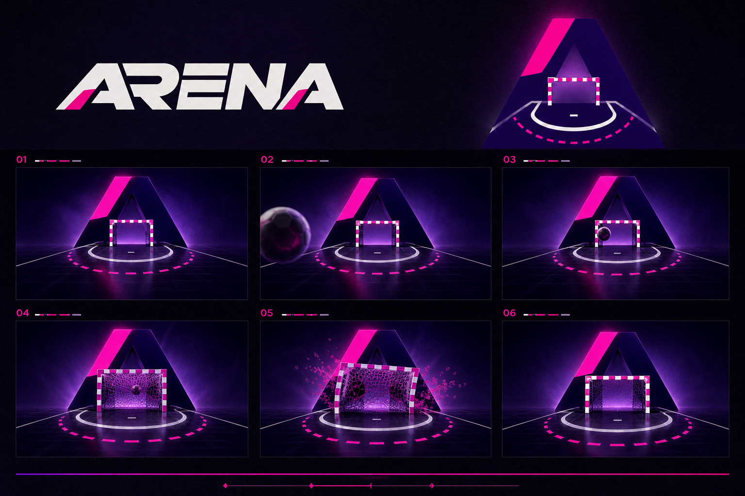 Arena Handball Campaign — Six-frame goal-animation storyboard.