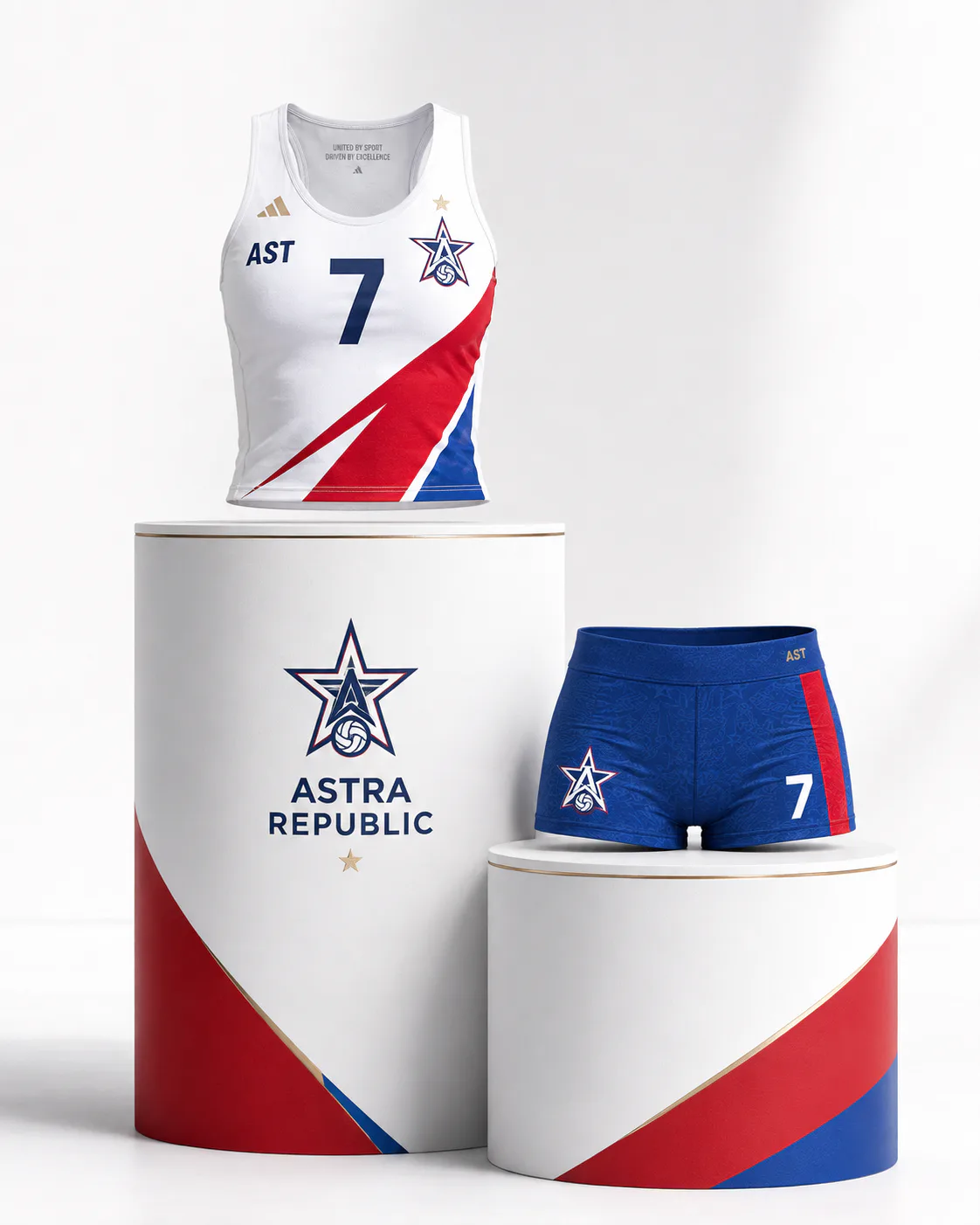 Astra Republic Women’s Beach Volleyball Team — Jersey on ceremonial plinth