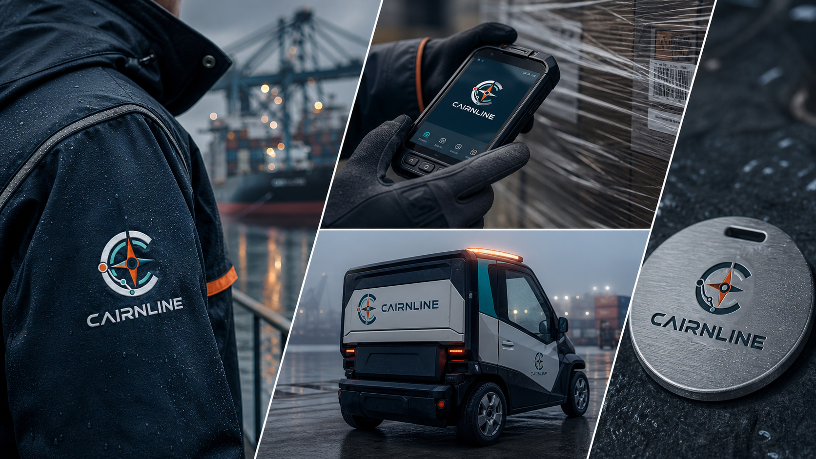 Cairnline Maritime Intelligence — Operational identity across workwear, cargo scanning, fleet vehicle and machined access badge.