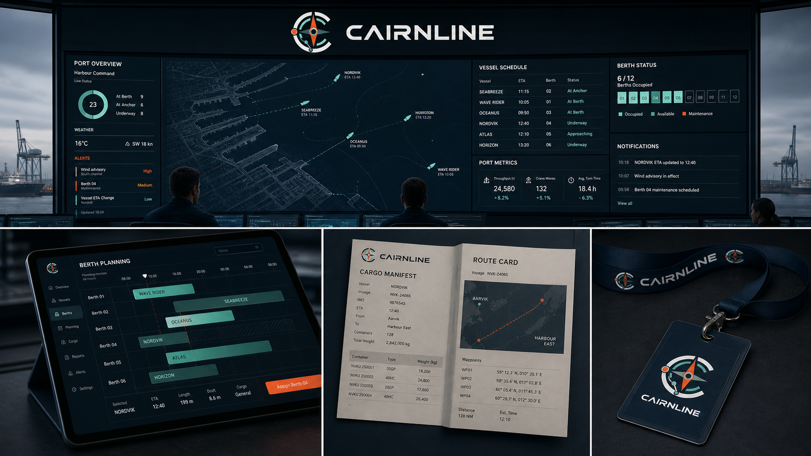 Cairnline Maritime Intelligence — Maritime intelligence system across a command centre, berth-planning tablet, cargo documents and credentials.