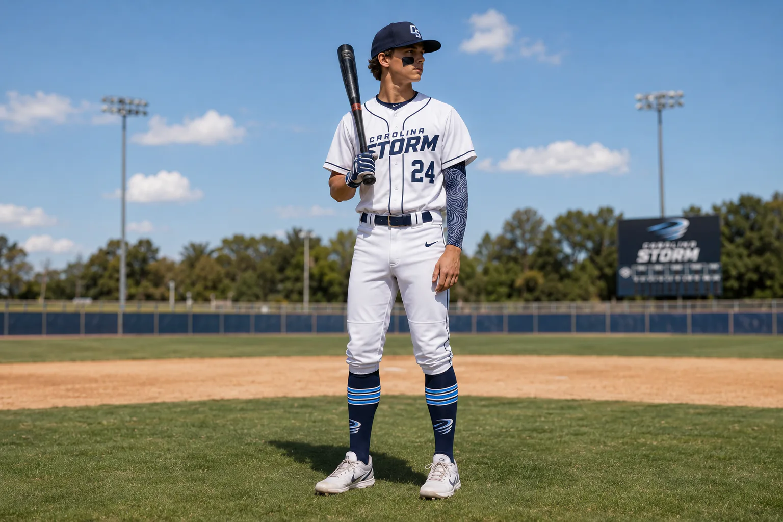 Carolina Storm Baseball & Softball Academy — Navy away uniform in an evening setting