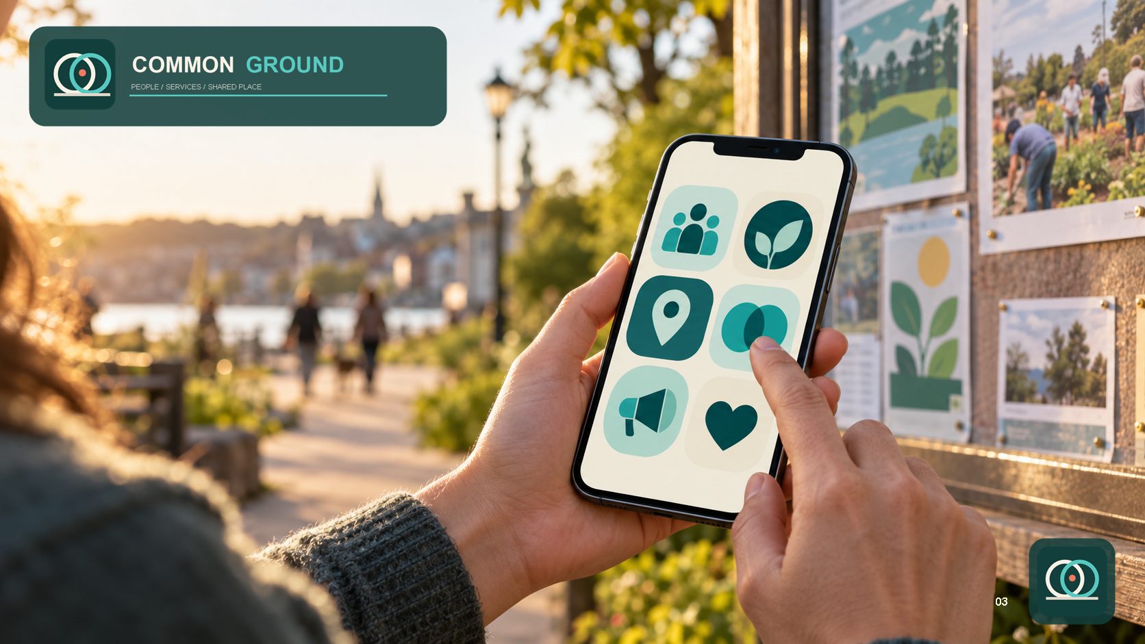 Common Ground Digital Brand — Mobile service discovery beside a neighborhood noticeboard.