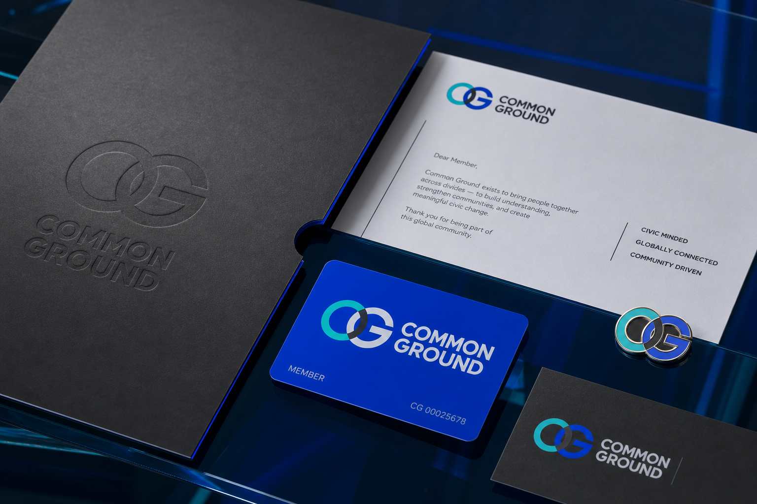 Common Ground Digital Brand — Membership and civic stationery suite.