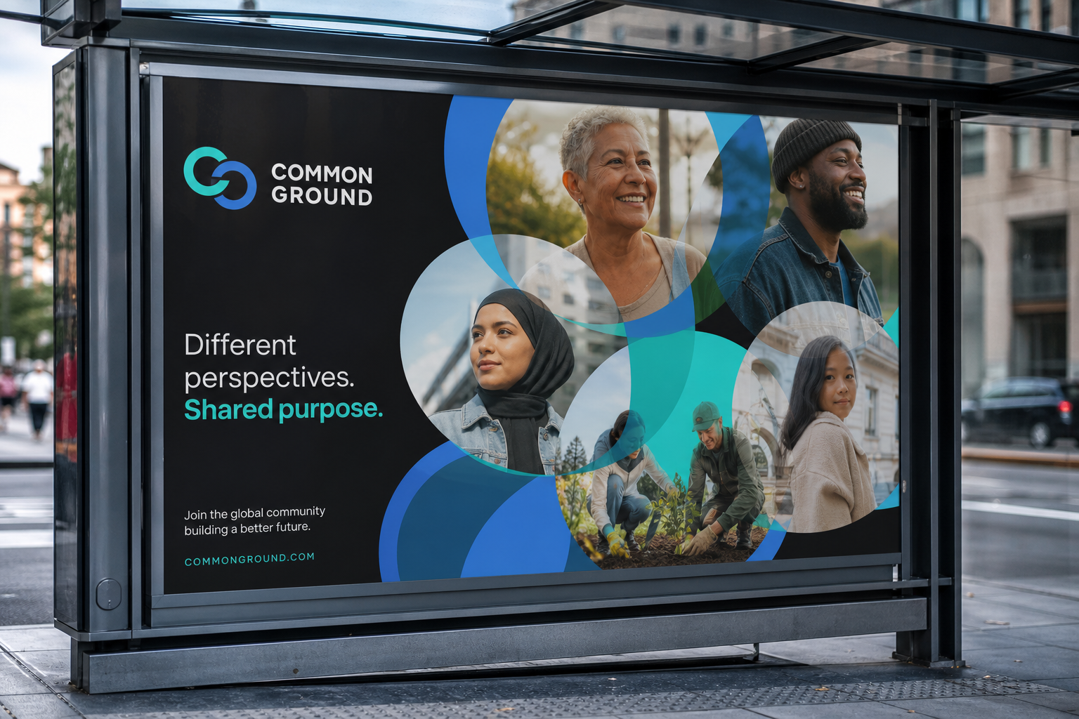 Common Ground Digital Brand — Transit-shelter community campaign.