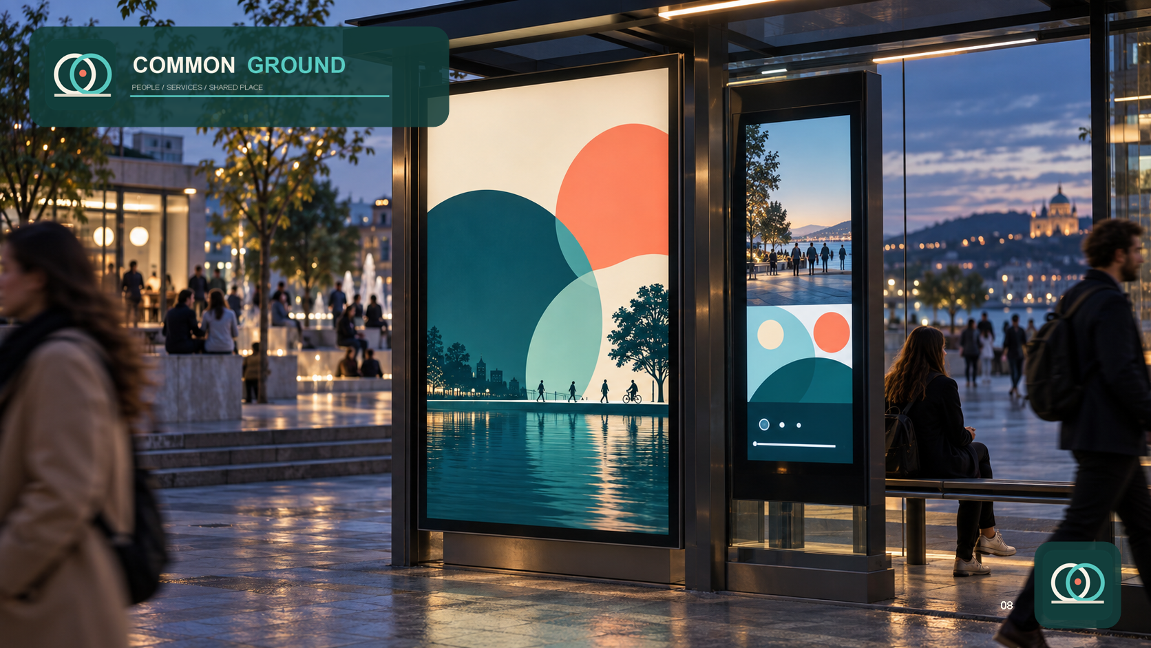 Common Ground Digital Brand — Public campaign translated to a transit shelter and information display.