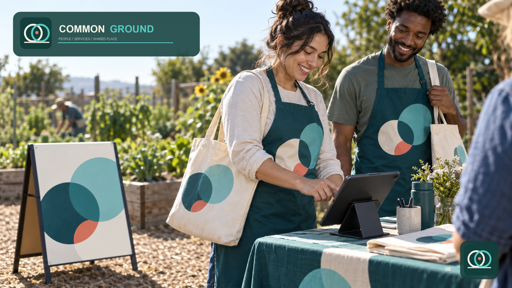 Common Ground Digital Brand — Volunteer apparel, check-in and event signage in community use.
