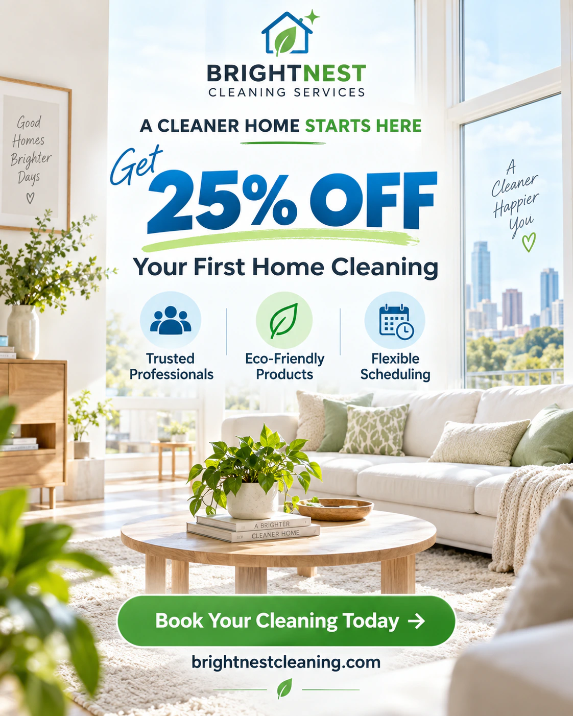 Brightnest Cleaning Services first-home-cleaning offer advertisement
