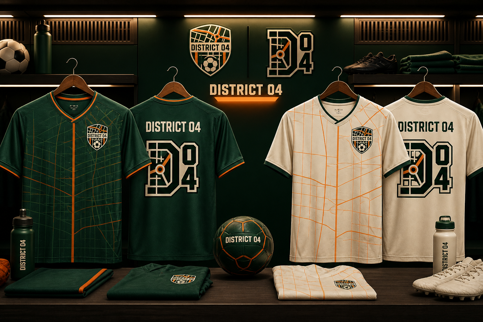 District 04 Club Identity — Forest home kit and cream away kit system.