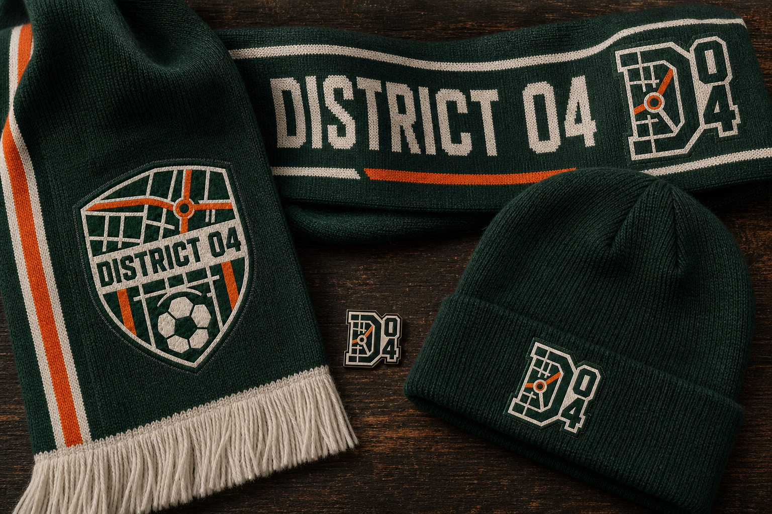 District 04 Club Identity — Knitted scarf, beanie and enamel supporter merchandise.