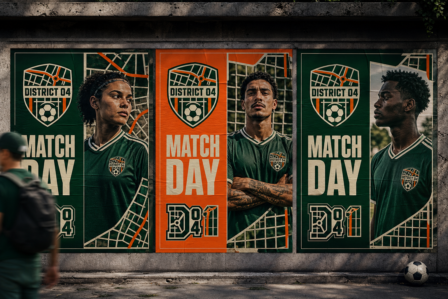 District 04 Club Identity — Match-day poster family built from the neighbourhood grid.