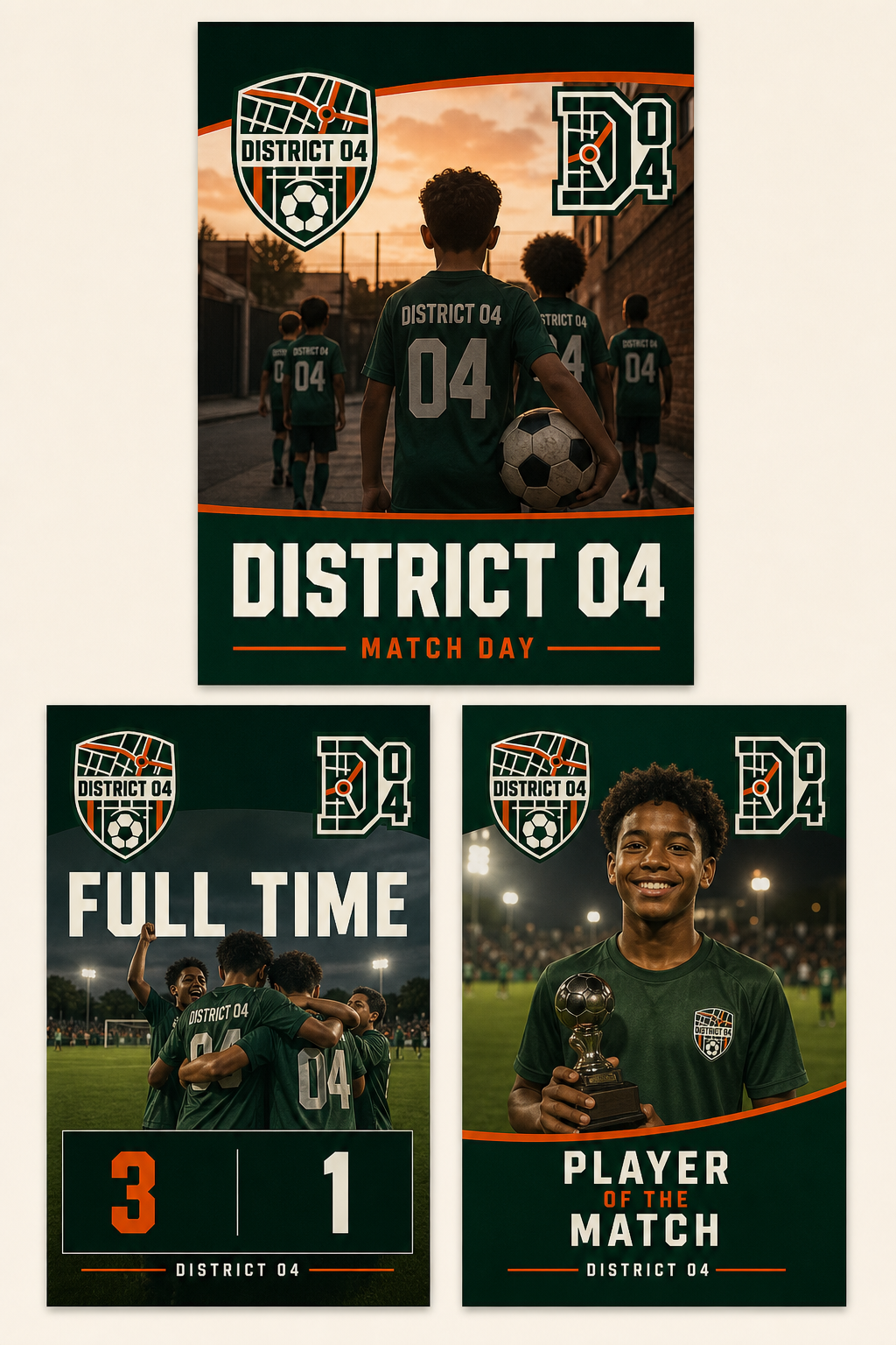 District 04 Club Identity — Pre-match, full-time and player social result cards.