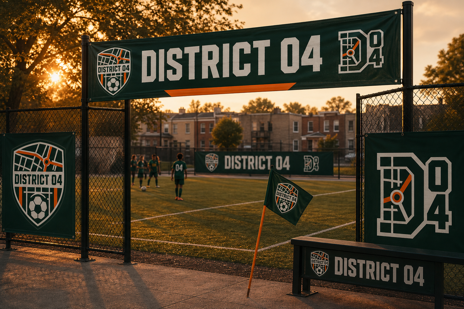 District 04 Club Identity — Community-pitch signage and match-day environment.