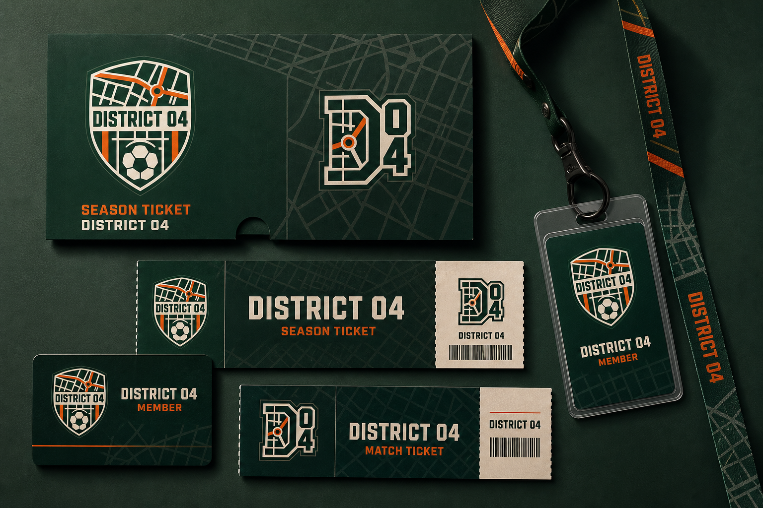 District 04 Club Identity — Season ticket, membership card and lanyard suite.