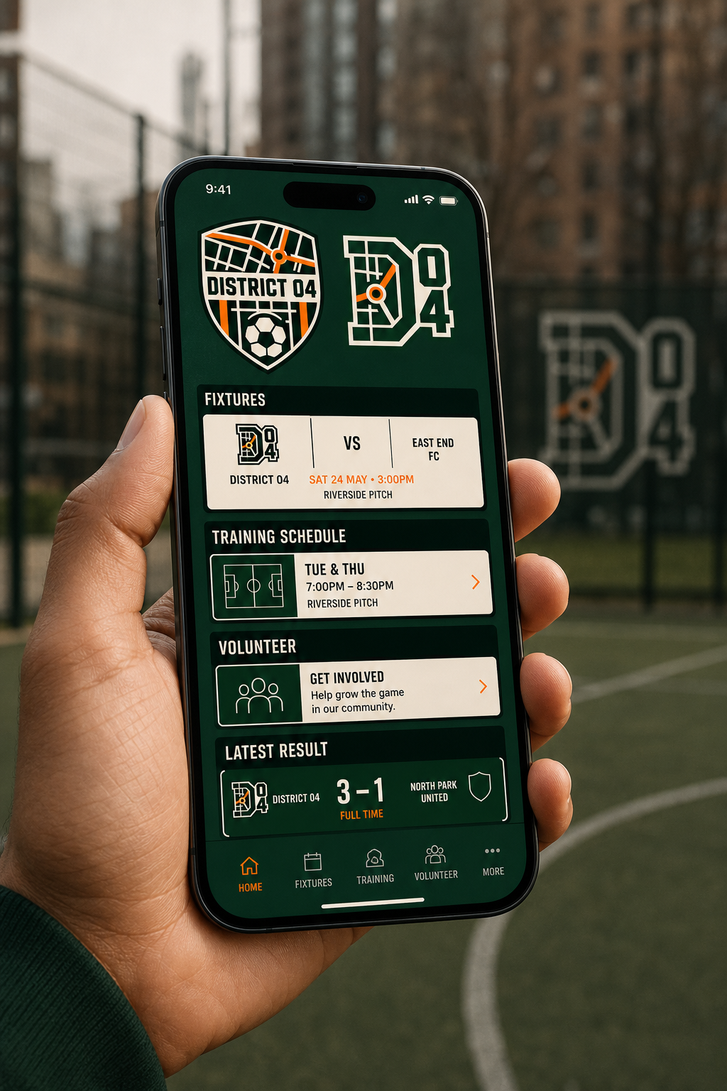 District 04 Club Identity — Mobile club hub for fixtures, training and volunteering.