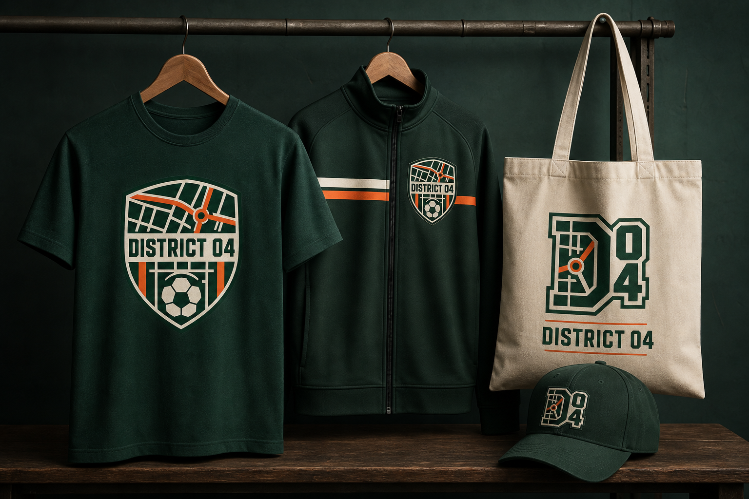 District 04 Club Identity — Training jacket, supporter T-shirt, cap and tote collection.