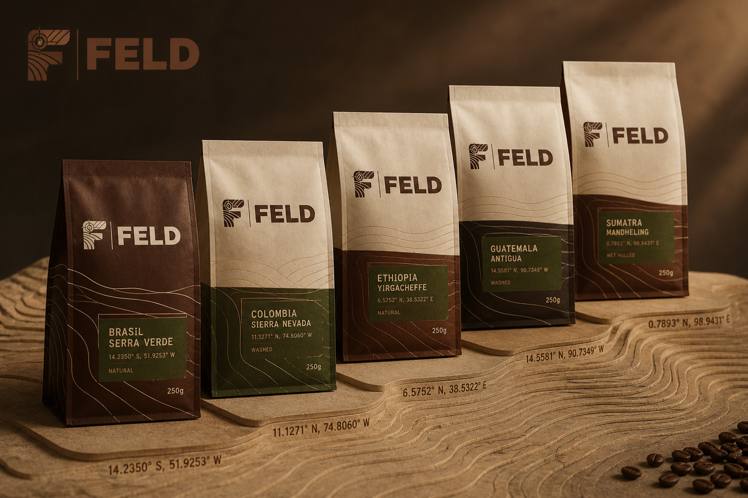 Feld Coffee Range — Roast-range packaging family.