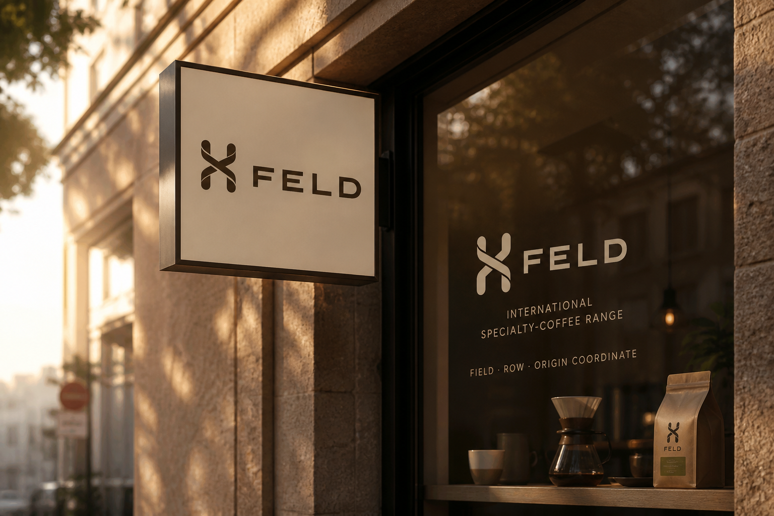 Feld Coffee Range — Exterior cafe identity.