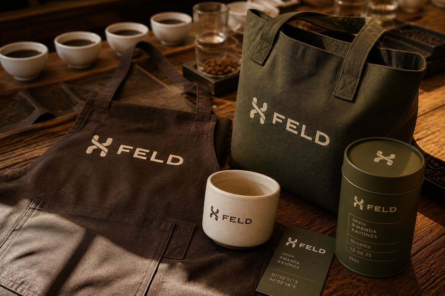 Feld Coffee Range — Merchandise and service pieces.