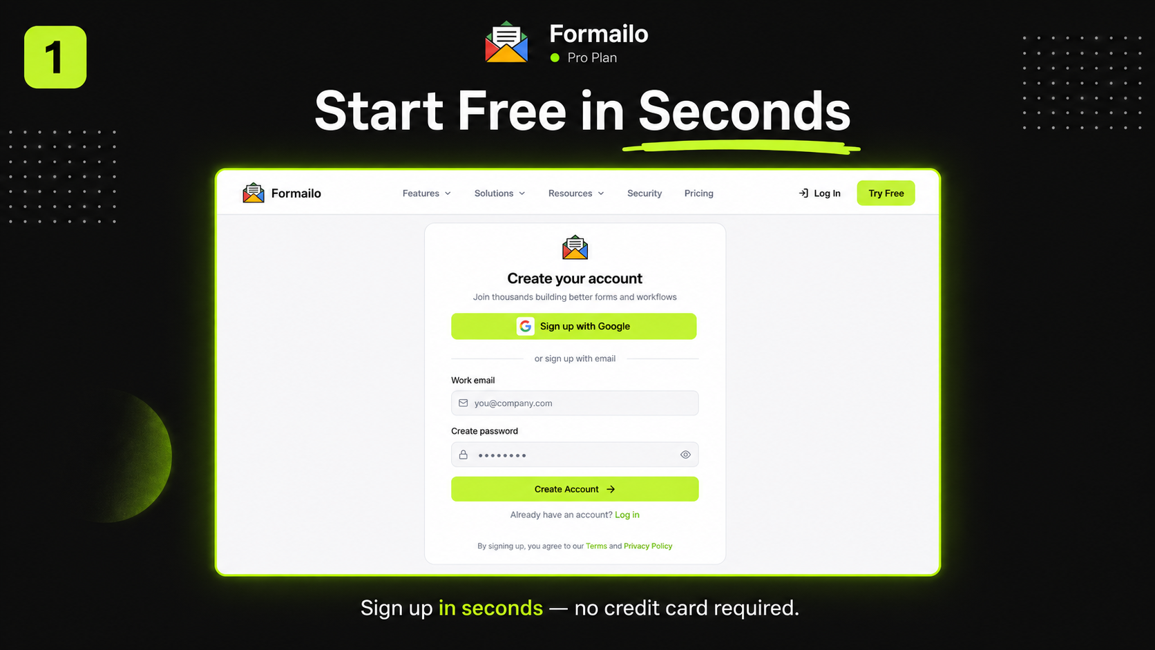 Formailo account creation screen presenting a short free-sign-up flow.