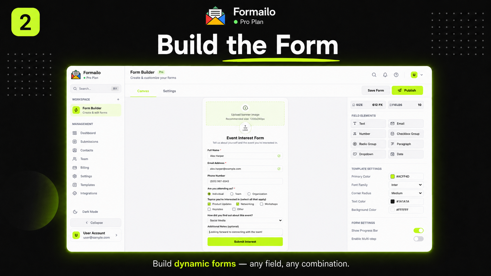 Formailo visual form builder with field controls, settings and a live form canvas.