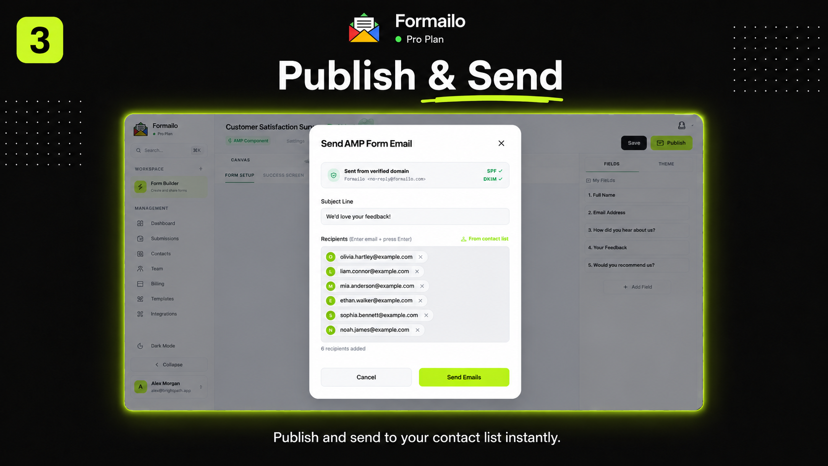 Formailo publishing dialog used to select recipients and send a completed form.