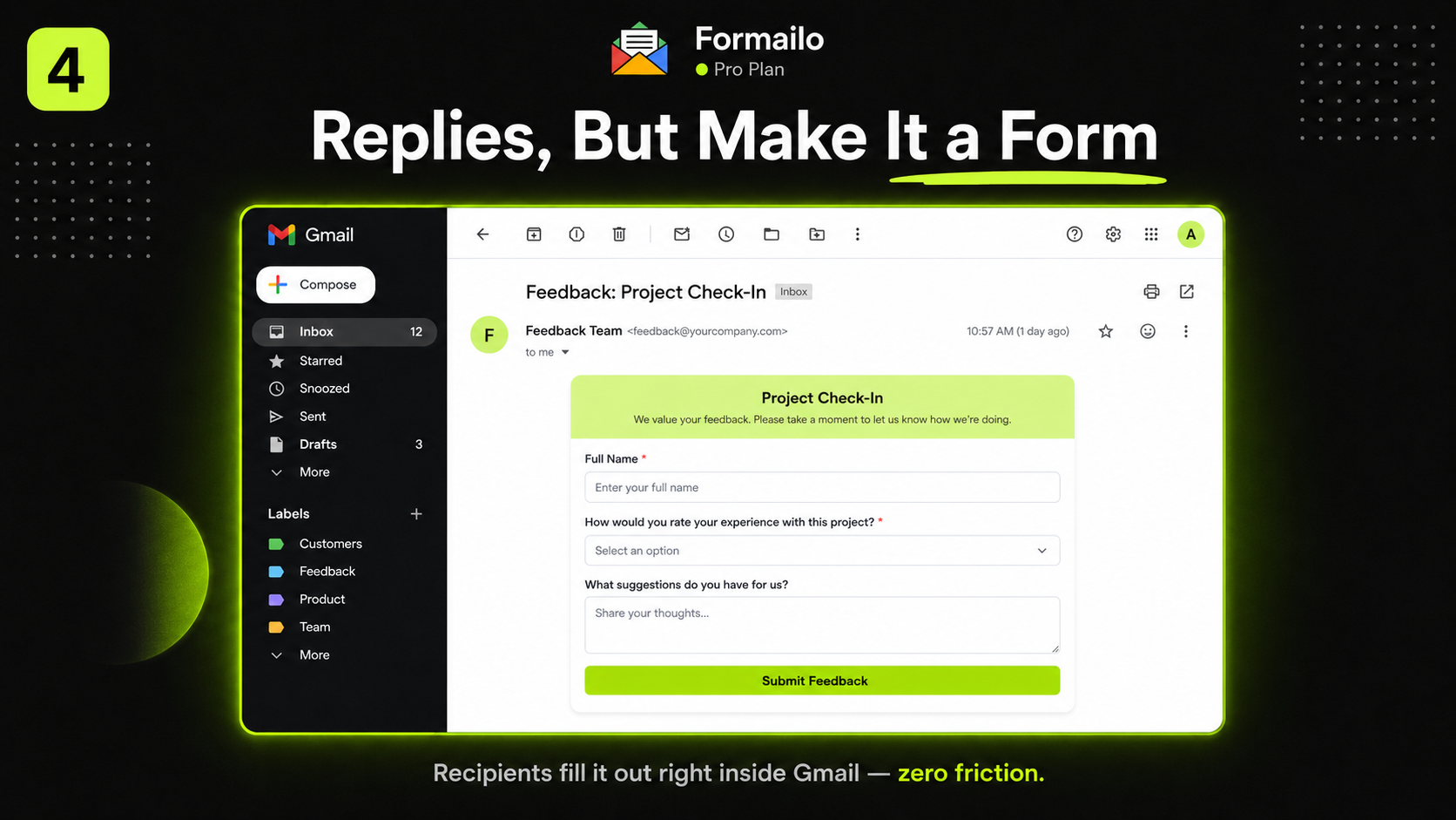 A recipient completing a Formailo feedback form directly inside a Gmail message.