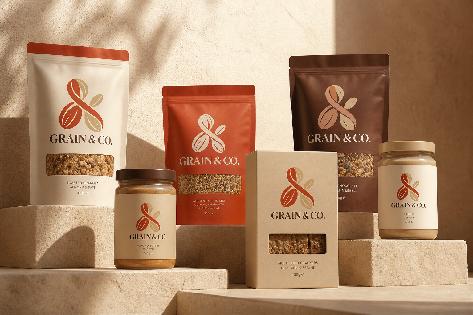 Grain & Co. Product Launch — Pouch, jar and carton product family.