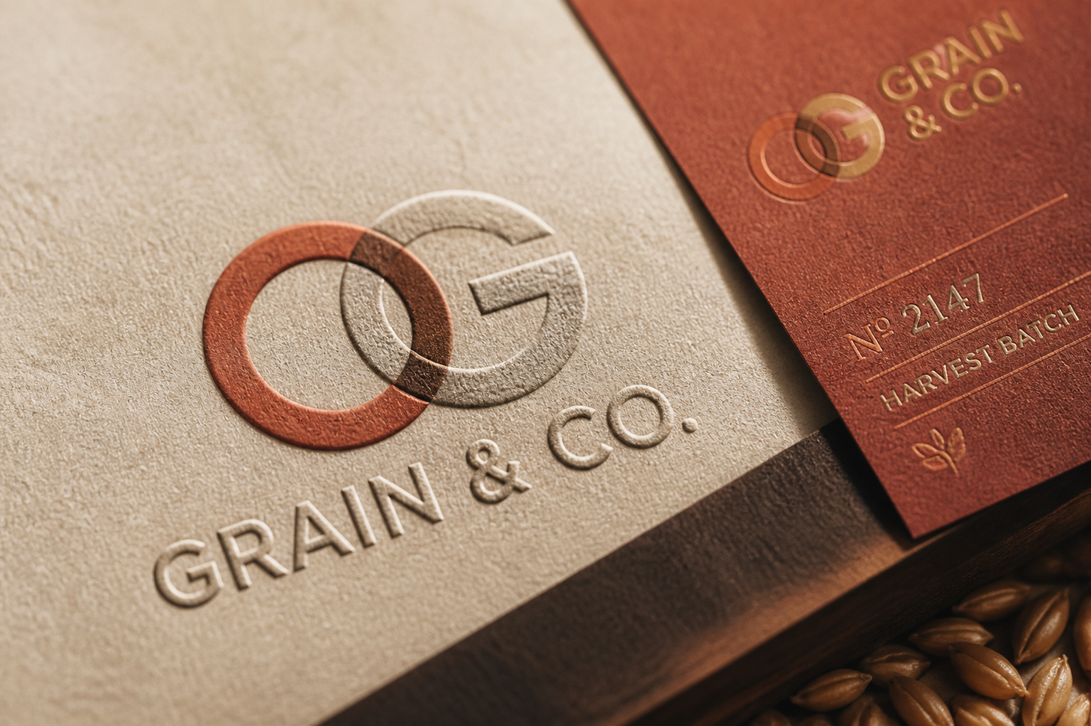 Grain & Co. Product Launch — Grain-kernel ampersand and print-finish detail.