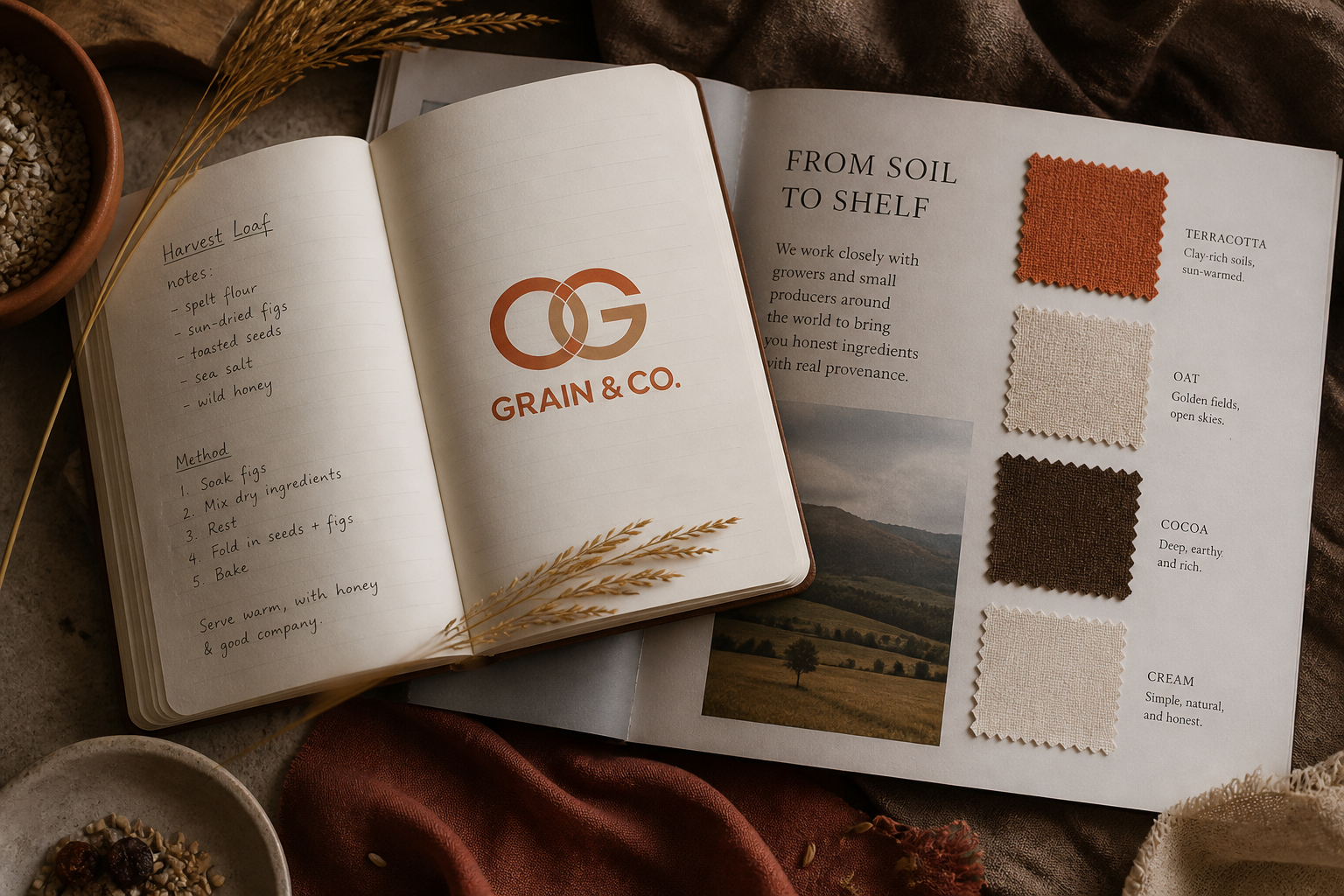 Grain & Co. Product Launch — Recipe journal and origin editorial.