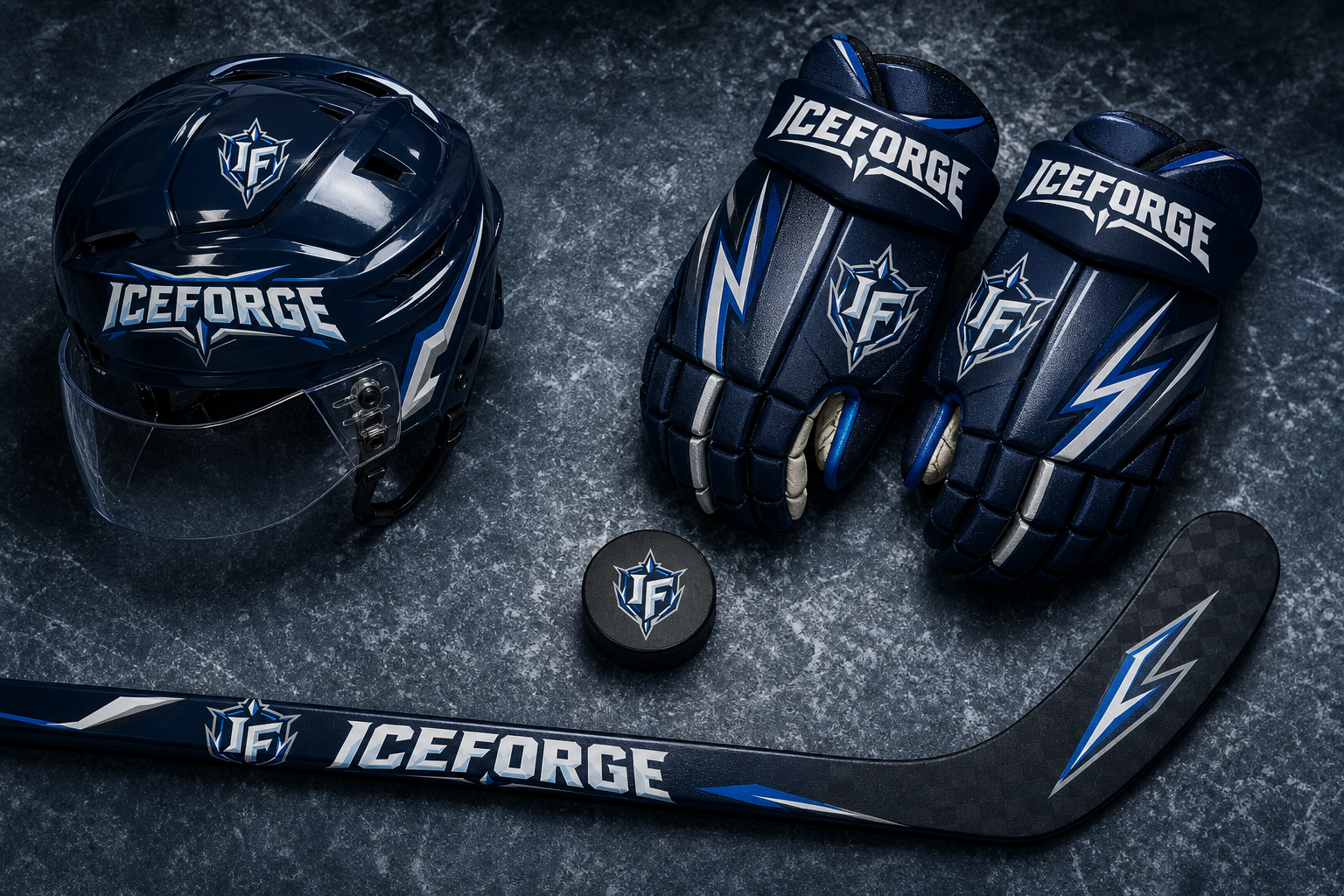 Iceforge Hockey Identity — Helmet, gloves, puck and stick equipment graphics.