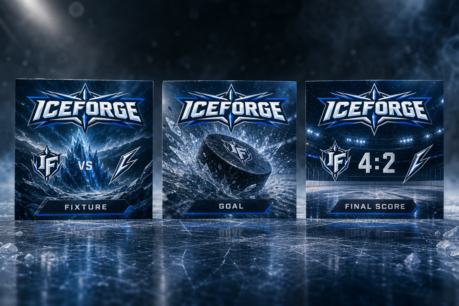 Iceforge Hockey Identity — Fixture, goal and final-score social cards.
