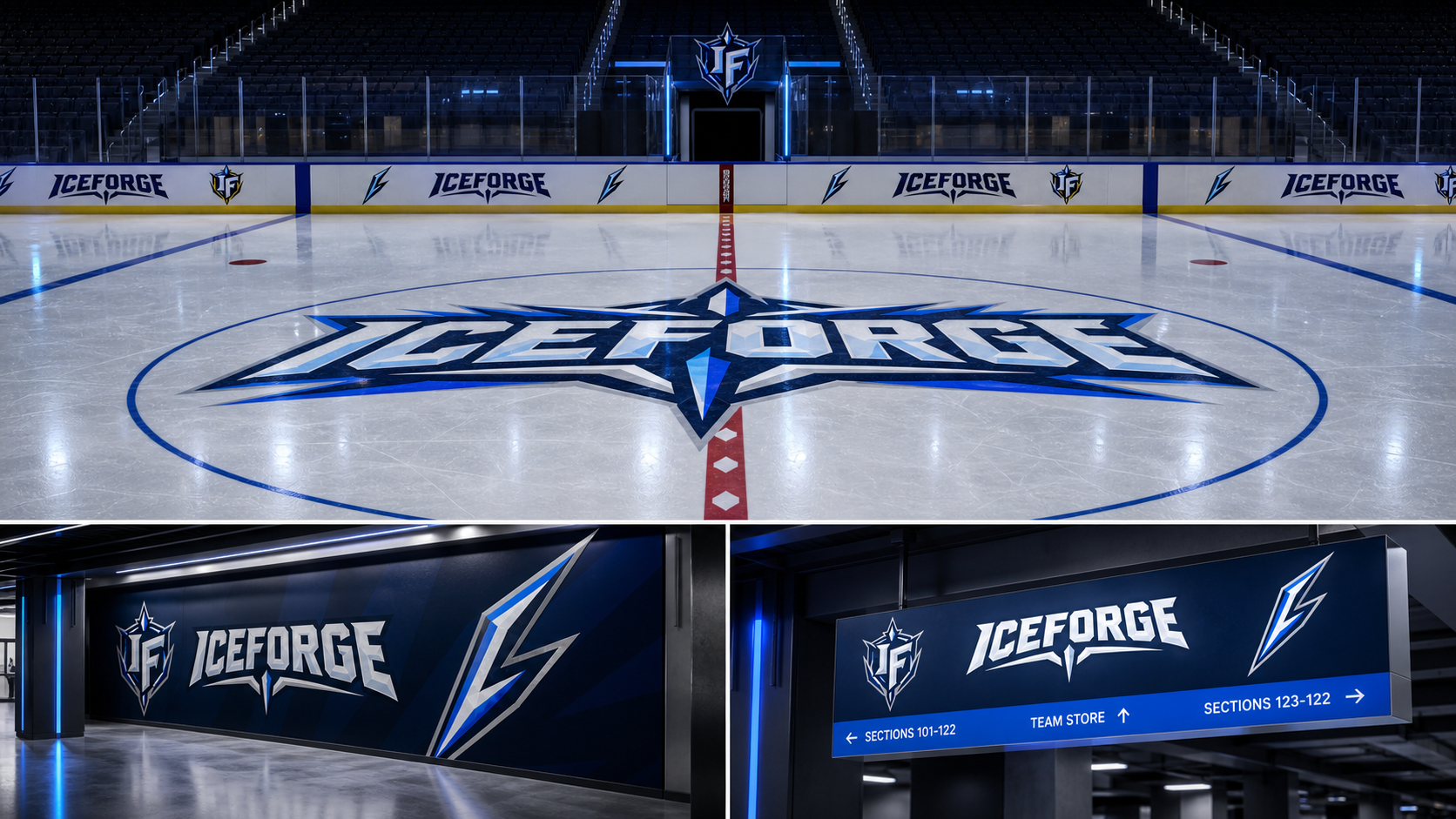 Iceforge Hockey Identity — Rink boards, centre-ice crest and arena wayfinding.