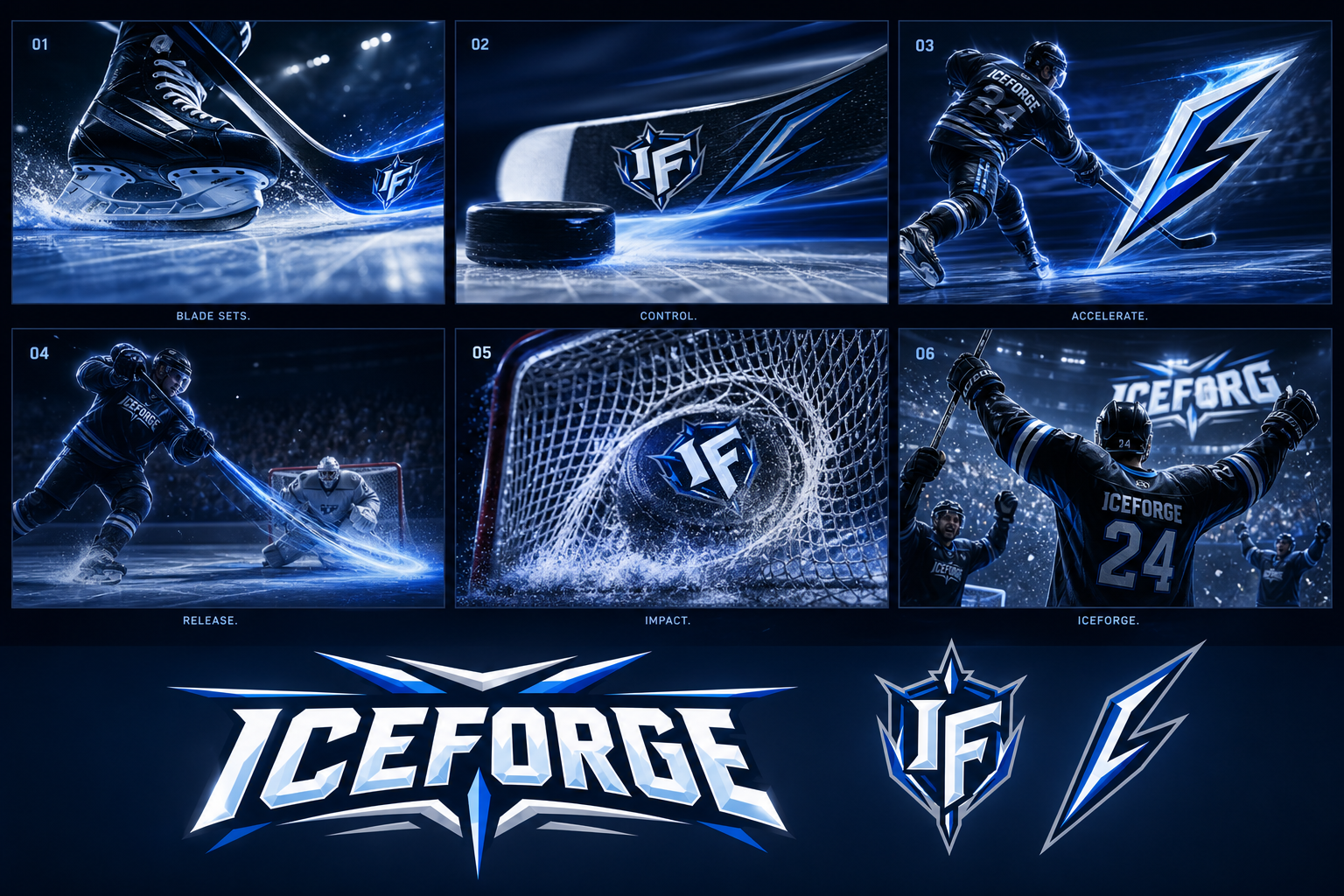 Iceforge Hockey Identity — Blade-angle animated goal storyboard.