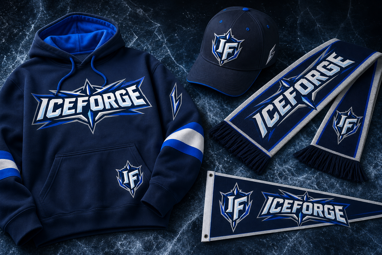Iceforge Hockey Identity — Supporter hoodie, cap, scarf and pennant collection.