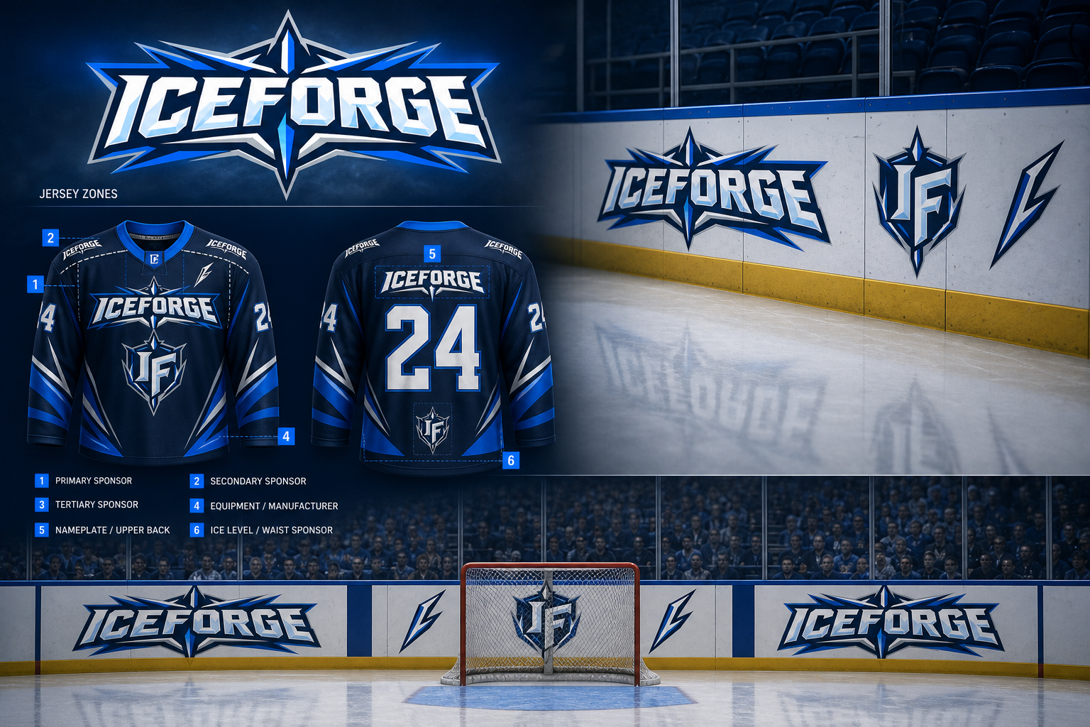 Iceforge Hockey Identity — Sponsor-framework presentation for jerseys and boards.