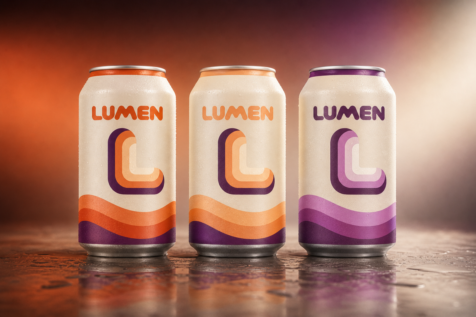 Lumen Beverage Range — Three-can flavour and variant family.