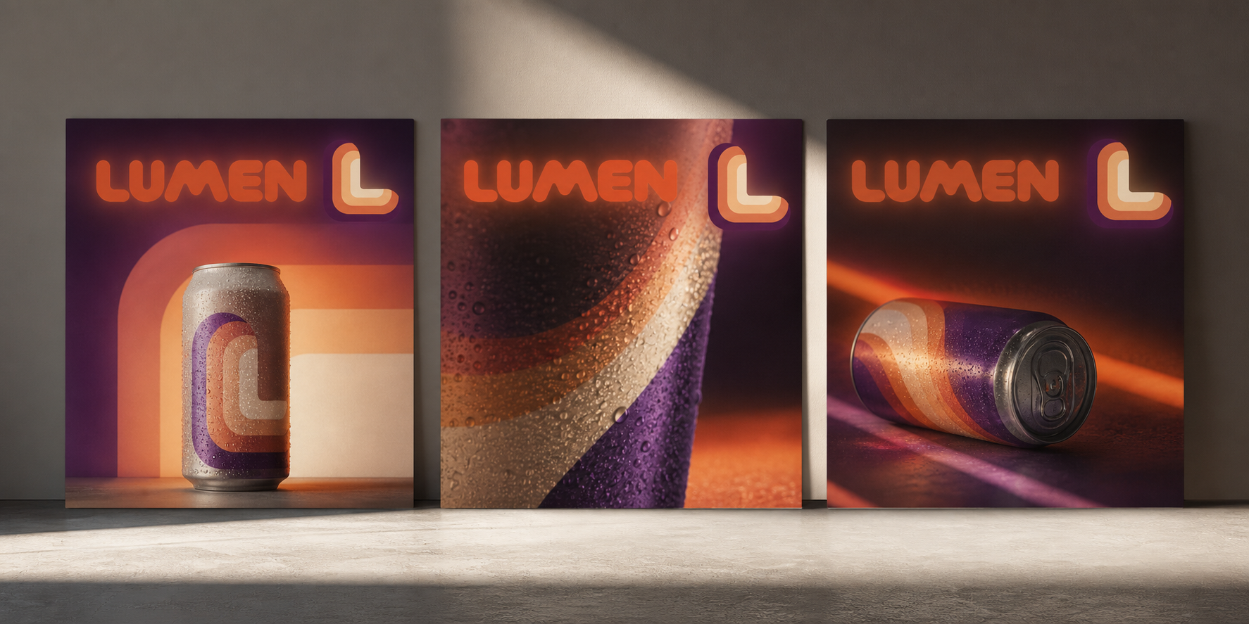 Lumen Beverage Range — Layered-light social launch cards.