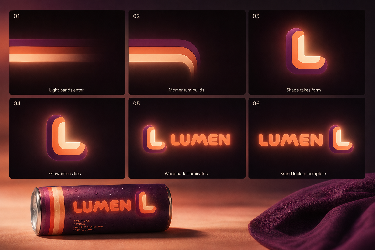 Lumen Beverage Range — Six-frame light-band motion storyboard.