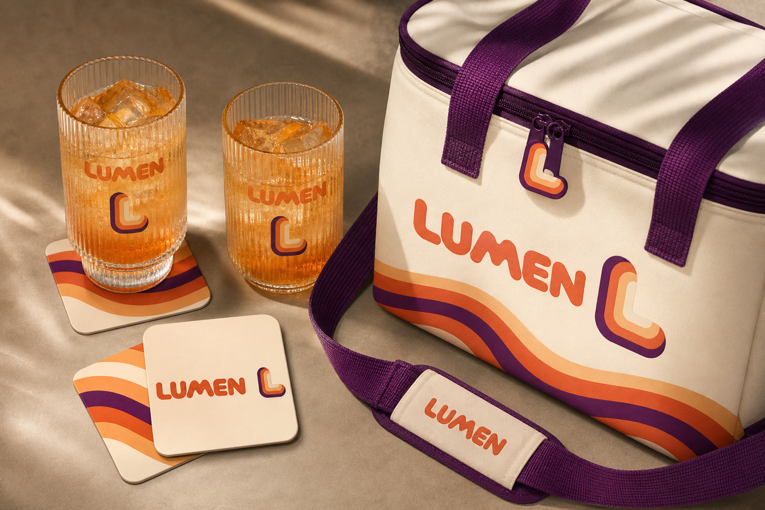 Lumen Beverage Range — Branded glassware, coaster and reusable cooler bag.