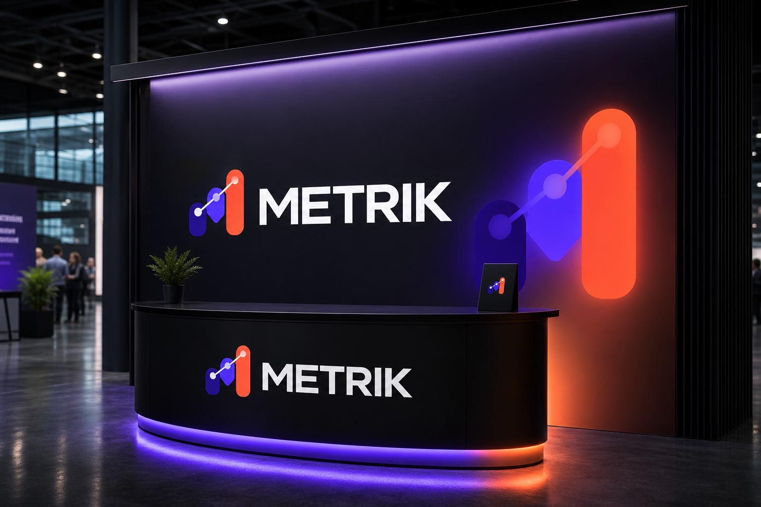 Metrik SaaS Launch — SaaS conference booth and presentation screen.