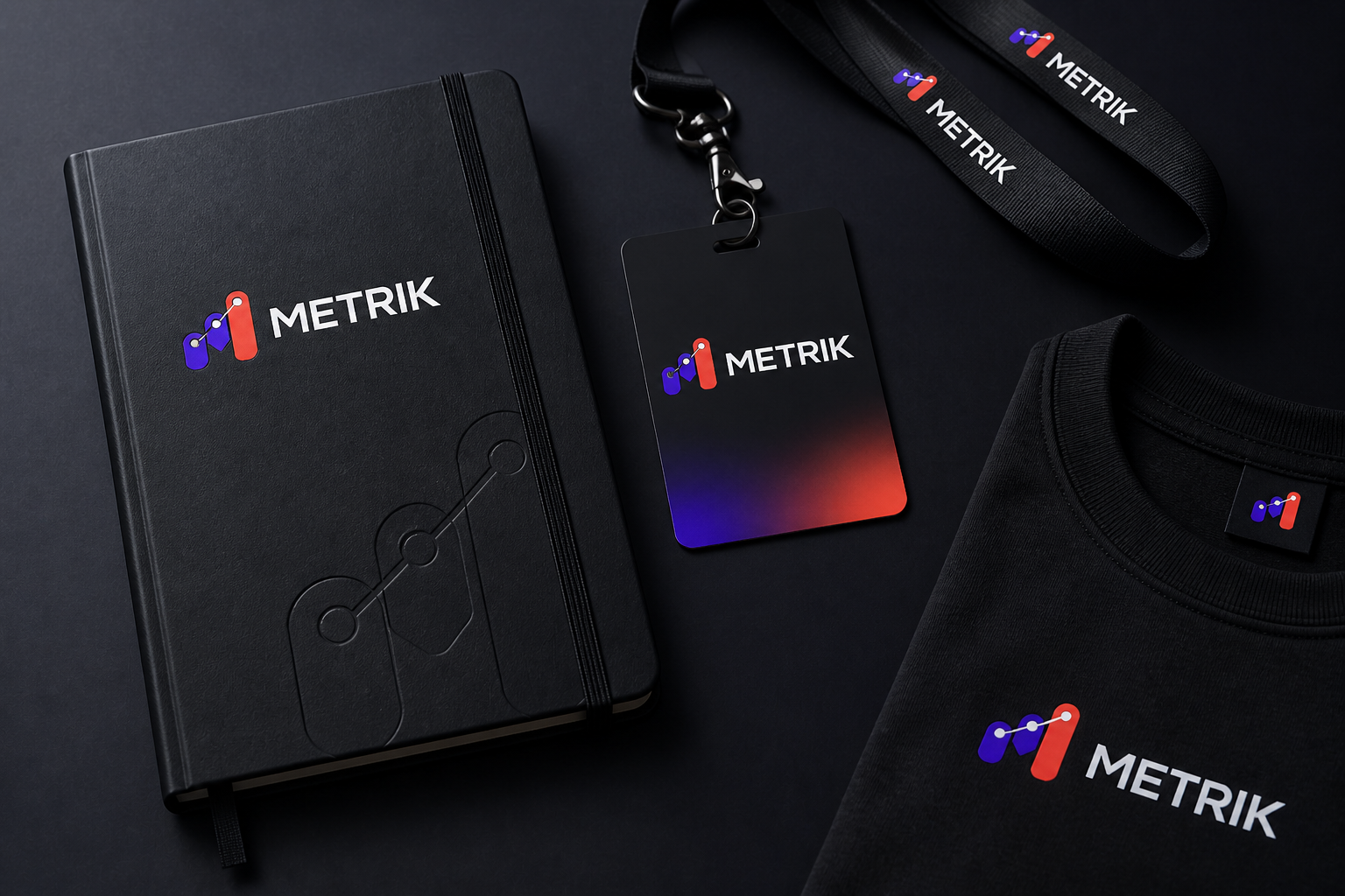Metrik SaaS Launch — Team notebook, access card and merchandise.