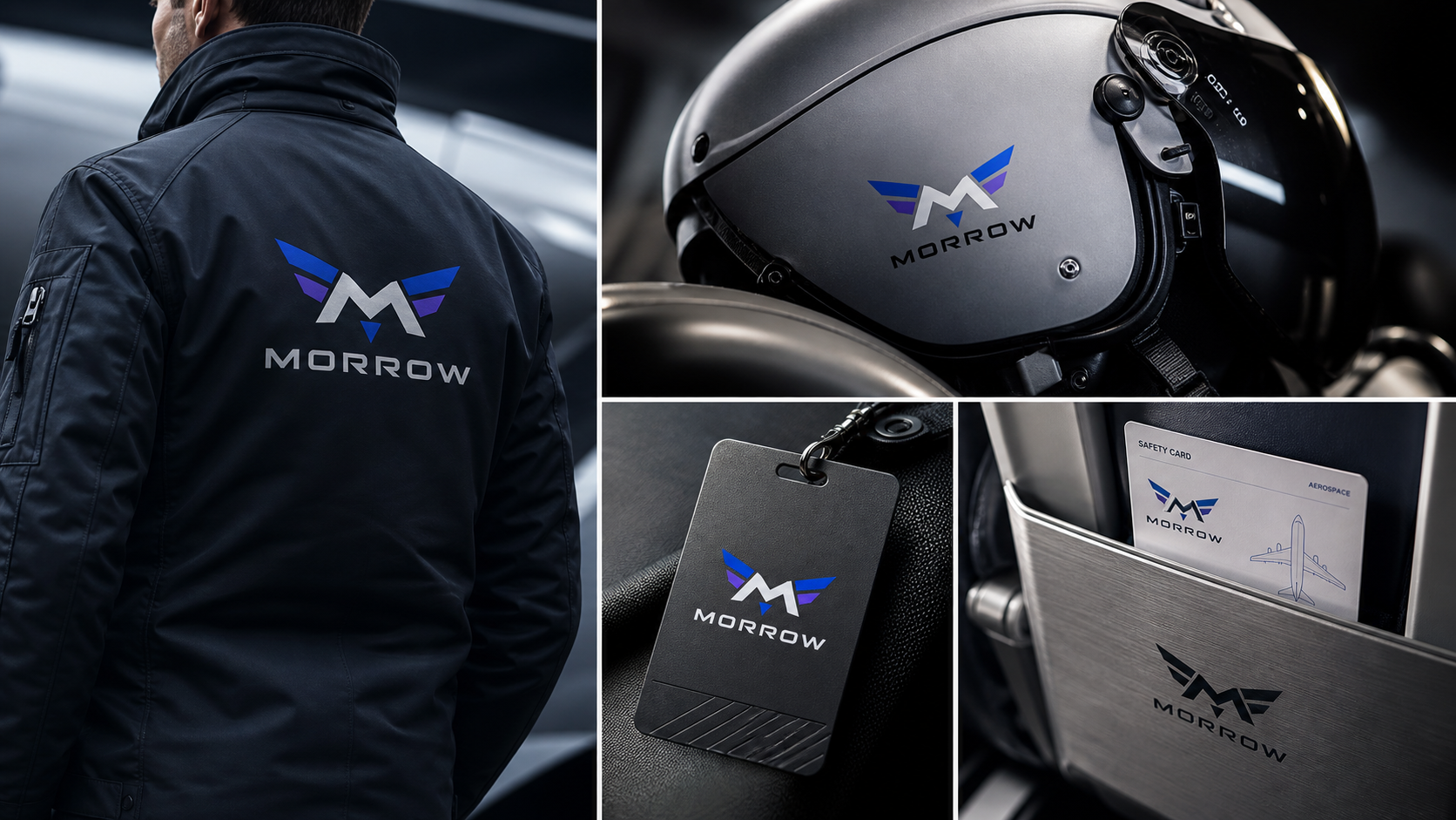 Morrow Urban Air Mobility — Operational identity across flight jacket, pilot helmet, boarding credential and cabin safety material.