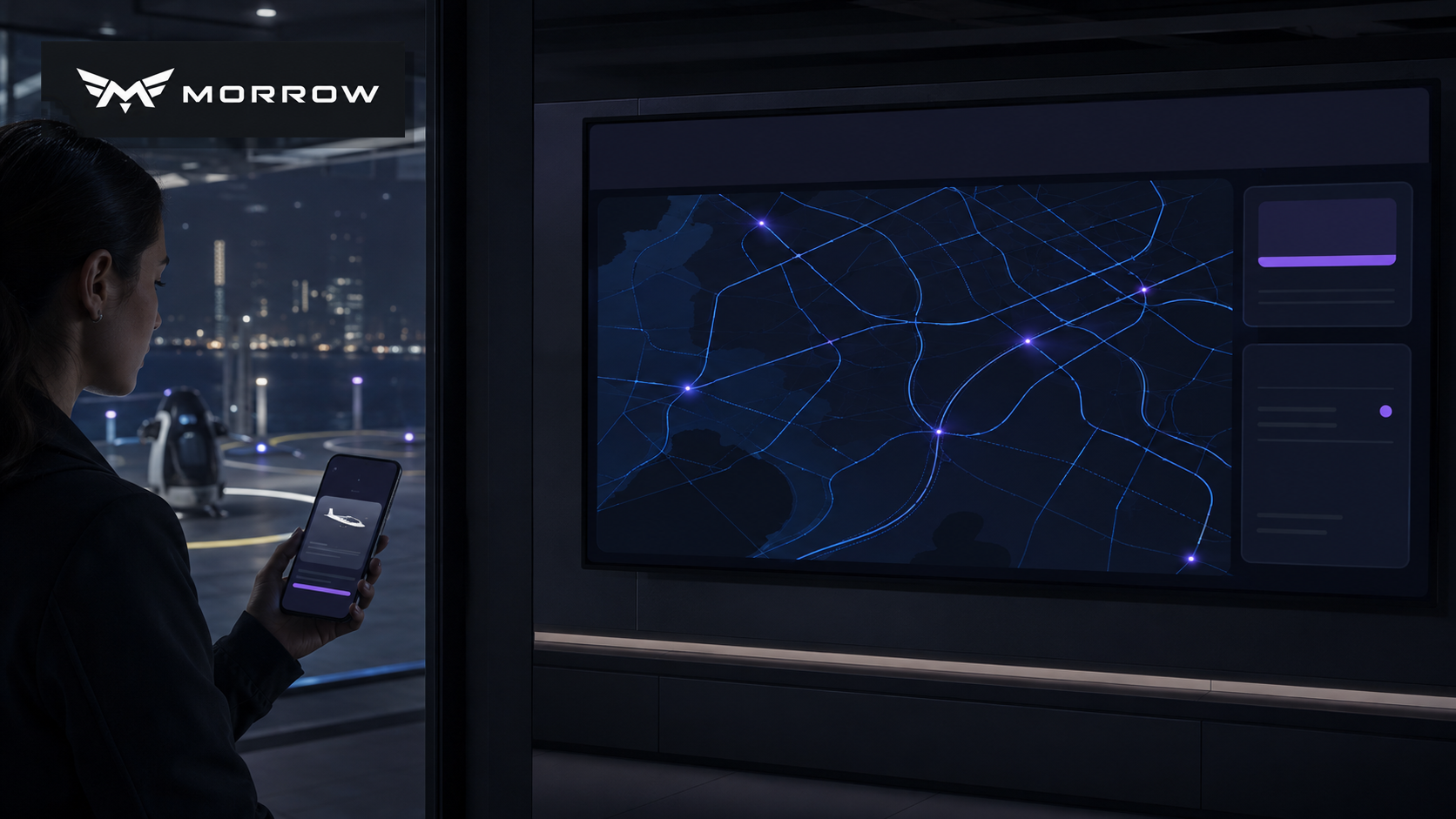 Morrow Urban Air Mobility — Passenger journey and operations interface in a live vertiport context.
